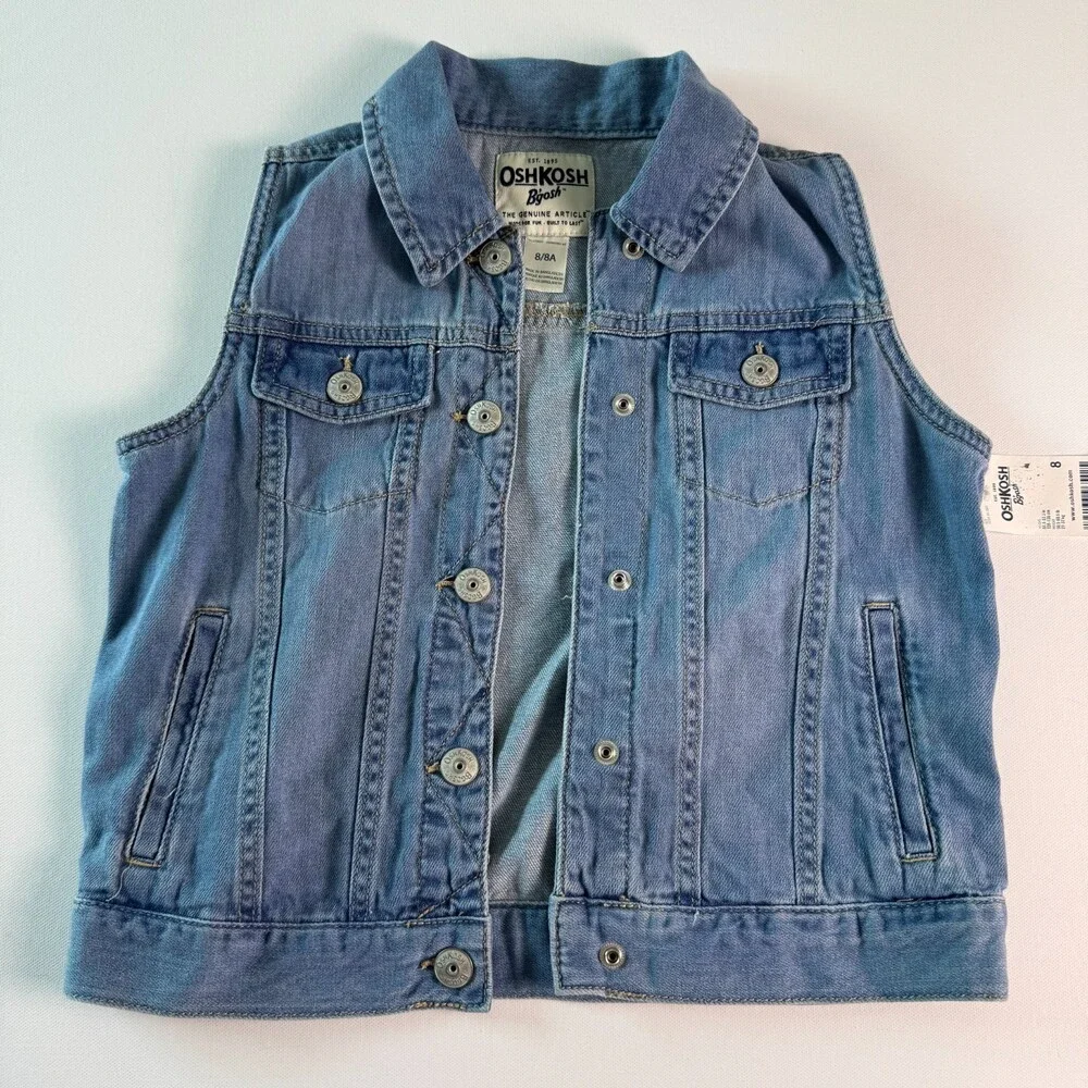 OshKosh B'gosh Girl's NWT Blue Denim Vest Size 8 Medium Wash Jean Vest MSRP $36